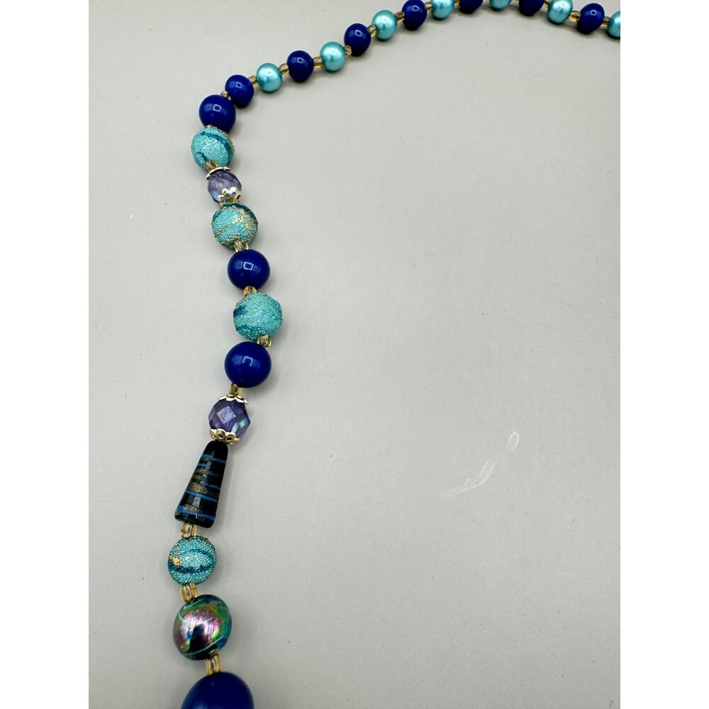 Vintage Blue Teal Gold Metallic Beaded Necklace - Picture 6 of 10